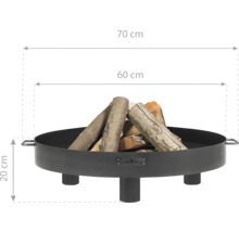 Feuerschale mit Holzscheiten und Maßangaben: 70 cm Breite, 60 cm Durchmesser, 20 cm Höhe.