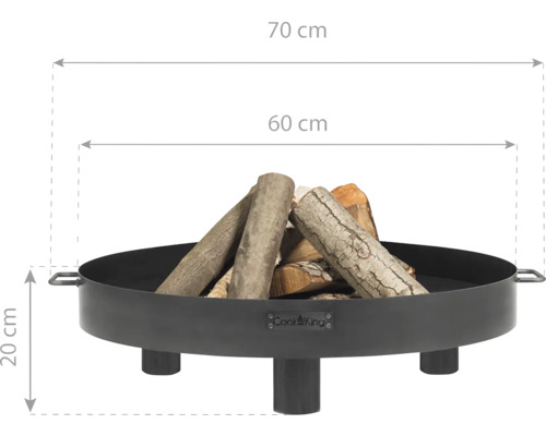 Feuerschale mit Holzscheiten und Maßangaben: 70 cm Breite, 60 cm Durchmesser, 20 cm Höhe.