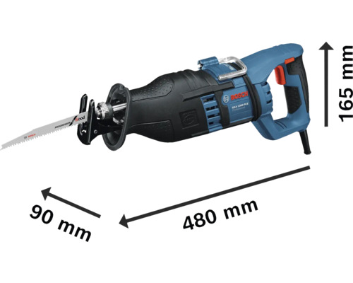 Bosch Säbelsäge mit den Maßen 480 mm Länge, 90 mm Breite und 165 mm Höhe.