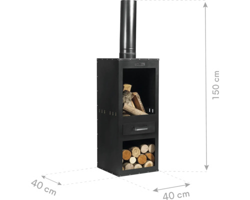 Kaminofen mit Holzfächern und Abmessungen 40 x 40 x 150 cm