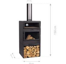Holzofen mit den Maßen 15 cm, 50 cm und 150 cm.