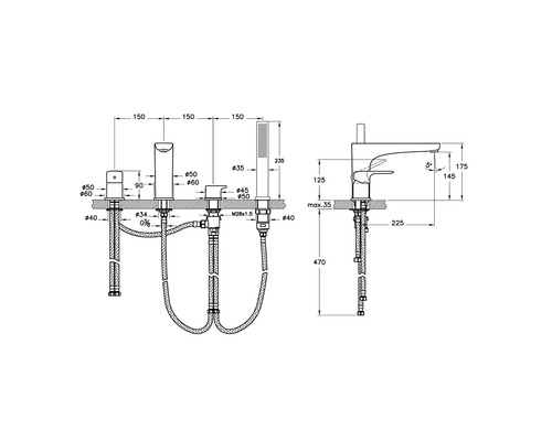 Technische Zeichnung einer Badewannenarmatur mit Maßen.
