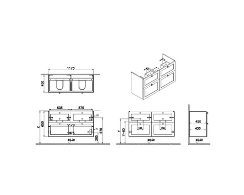 Technische Zeichnung eines Waschtischunterschranks mit Maßen