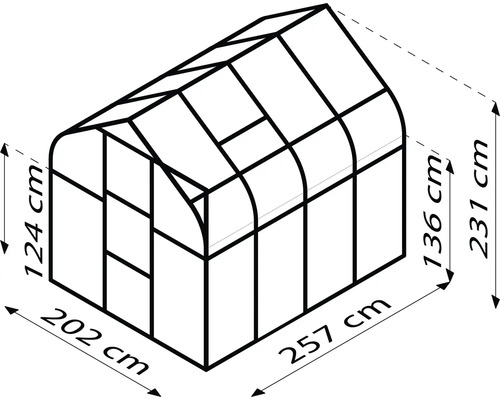 Illustration eines Gewächshauses mit den Maßen 202 mal 257 Zentimeter Grundfläche sowie 124 und 231 Zentimeter Höhe