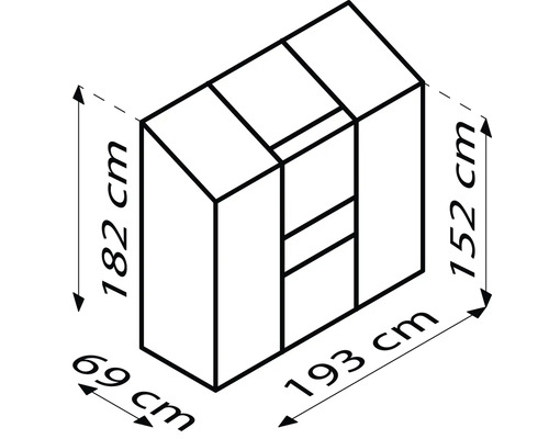 Maßzeichnung eines Schranks mit den Maßen 182 cm Höhe, 69 cm Breite und 193 cm Länge