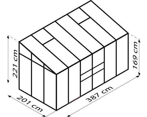 Skizze eines Gewächshauses mit den Maßen 221 cm Höhe, 201 cm Breite, 169 cm Höhe und 387 cm Länge