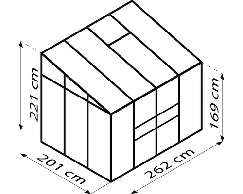 Technische Zeichnung eines Gewächshauses mit den Maßen 221 cm Höhe, 201 cm Breite und 262 cm Länge