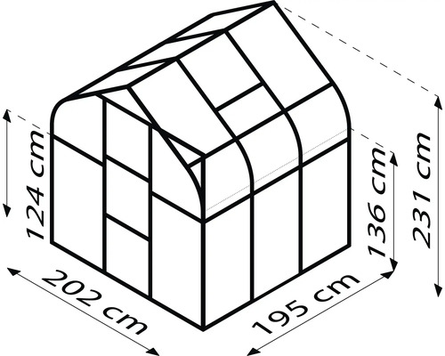Abbildung eines Gewächshauses mit den Maßen 202 mal 195 Zentimeter Grundfläche und einer Höhe von 124 bis 231 Zentimetern.