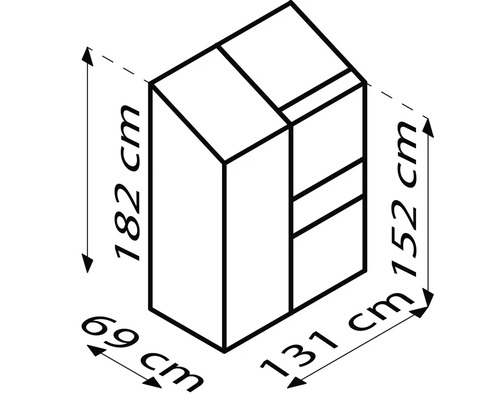 Abmessungen eines Schranks: 182 cm Höhe, 69 cm Tiefe, 152 cm Höhe und 131 cm Breite.