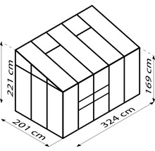 Technische Zeichnung eines Gewächshauses mit den Maßen 221 cm Höhe, 201 cm Breite und 324 cm Länge