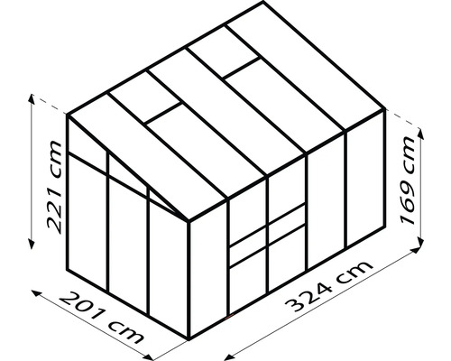 Technische Zeichnung eines Gewächshauses mit den Maßen 221 cm Höhe, 201 cm Breite und 324 cm Länge