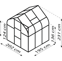 Abbildung eines Gewächshauses mit den Maßen 202 cm Breite, 195 cm Tiefe und 231 cm Höhe