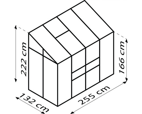 Technische Zeichnung eines Gewächshauses mit Maßangaben 222 cm Höhe, 132 cm Breite und 255 cm Länge