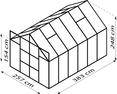 Zeichnung eines Gewächshauses mit den Maßen 257 cm Breite, 383 cm Länge und 248 cm Höhe