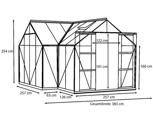 Illustration der Abmessungen eines Gewächshauses