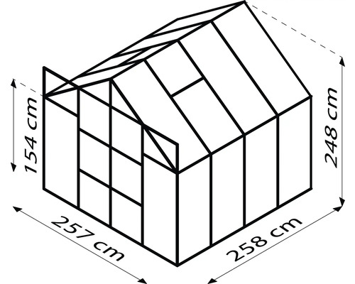 Zeichnung eines Gewächshauses mit Maßangaben: 154 cm Höhe vorne, 248 cm Höhe hinten, 257 cm Breite vorne, 258 cm Breite hinten.