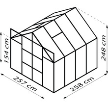 Umriss eines Gewächshauses mit den Maßen 257 cm Länge, 258 cm Breite und 248 cm Höhe