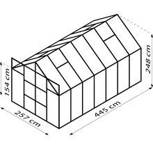 Skizze eines Gewächshauses mit den Maßen 257 cm x 445 cm und einer Höhe von 248 cm