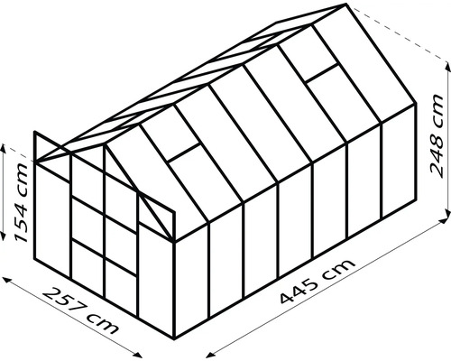 Illustration eines Gewächshauses mit den Maßen 257 mal 445 mal 248 cm