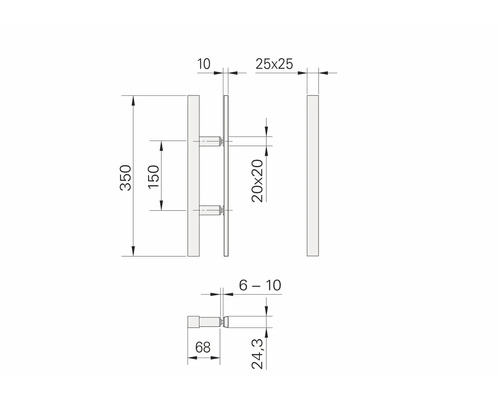 Technische Zeichnung eines Türgriffs mit Maßangaben.