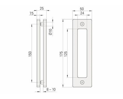 Technische Zeichnung eines Türgriffs mit Maßangaben