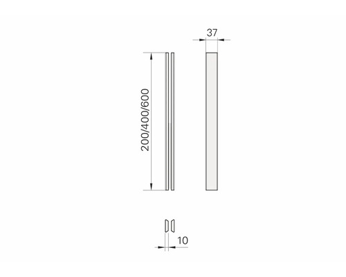 Technische Zeichnung eines Elements mit den Maßen 200, 400 oder 600, 37 und 10.