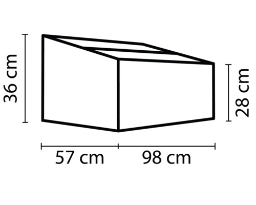 Abbildung mit Maßangaben: 36 cm hoch, 57 cm und 98 cm breit, 28 cm tief