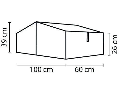 Dimensionszeichnung eines Gerätehauses mit den Maßen 100 mal 60 mal 39 mal 26 Zentimeter