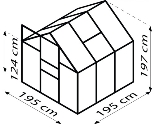 Skizze eines Gewächshauses mit Maßangaben: 124 cm Höhe vorne, 197 cm Höhe hinten und 195 cm Breite.