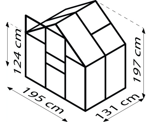 Skizze eines Gewächshauses mit Maßangaben: 124 cm Höhe vorne, 197 cm Höhe gesamt, 195 cm Breite, 131 cm Tiefe