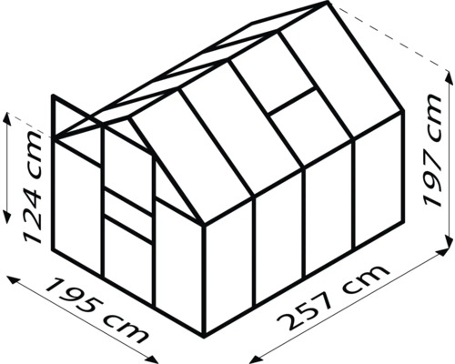 Abmessungen eines Gewächshauses: 124 cm hoch, 195 cm breit und 257 cm lang