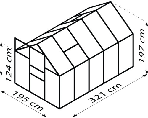 Zeichnung eines Gewächshauses mit Maßangaben: 124 cm Höhe vorne, 197 cm Höhe hinten, 195 cm Breite vorne, 321 cm Länge.