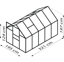 Abbildung eines Gewächshauses mit den Maßen 124 cm Höhe, 195 cm Breite und 321 cm Länge.