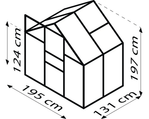 Technische Zeichnung Gewächshaus mit Maßangaben: 124 cm Höhe Vorderseite, 197 cm Höhe Rückseite, 195 cm Breite, 131 cm Tiefe.