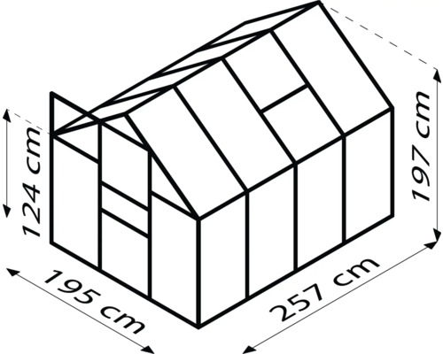 Abmessungen des Gewächshauses: 124 cm Höhe vorne, 197 cm Höhe hinten, 195 cm Breite und 257 cm Länge.