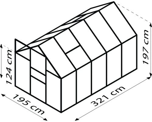 Schema eines Gewächshauses mit den Maßen 321 cm Länge, 195 cm Breite und 197 cm Höhe.