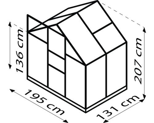 Skizze eines Gewächshauses mit Maßangaben: 136 cm Höhe vorne, 207 cm Höhe hinten, 195 cm Breite und 131 cm Tiefe