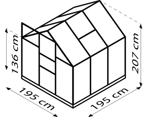 Illustration eines Gewächshauses mit Abmessungen: Höhe 207 cm, Seitenlänge 195 cm, vordere Höhe 136 cm.