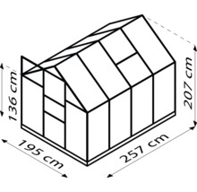 Skizze eines Gewächshauses mit Abmessungen: 195 cm x 257 cm Grundfläche und 207 cm Höhe