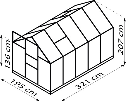 Schema des Gewächshauses mit Maßangaben in Zentimetern