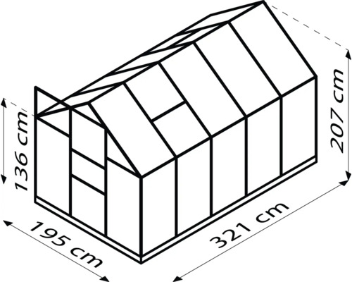 Abbildung eines Gewächshauses mit den Maßen 195 cm Breite, 321 cm Länge und 207 cm Höhe.