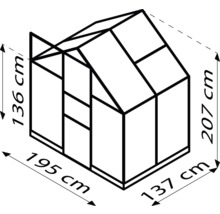 Technische Zeichnung eines Gewächshauses mit den Maßen 136 cm Höhe der Seitenwand, 207 cm Gesamthöhe, 195 cm Breite und 137 cm Tiefe