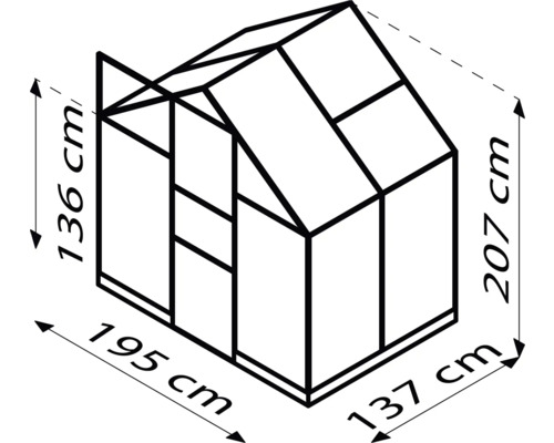 Technische Zeichnung eines Gewächshauses mit den Maßen 136 cm Höhe der Seitenwand, 207 cm Gesamthöhe, 195 cm Breite und 137 cm Tiefe