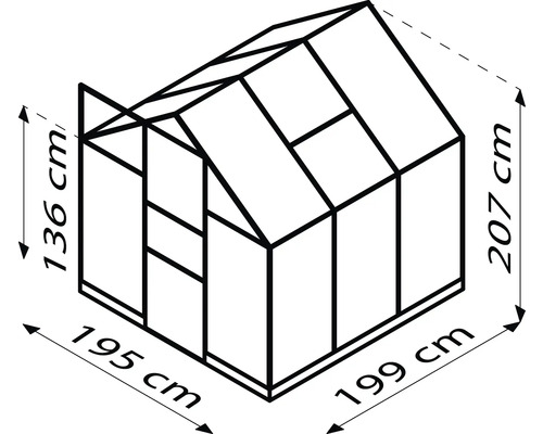 Technische Zeichnung eines Gewächshauses mit den Maßen 136 cm Höhe, 195 cm Breite und 207 cm Höhe.