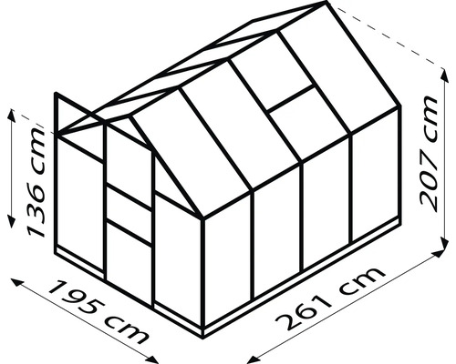 Abmessungen eines Gewächshauses mit einer Breite von 195 Zentimetern, einer Länge von 261 Zentimetern und einer Höhe von 207 Zentimetern.