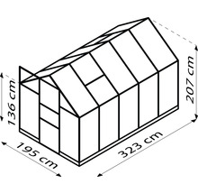 Illustration eines Gewächshauses mit den Maßen 195 cm x 323 cm x 207 cm