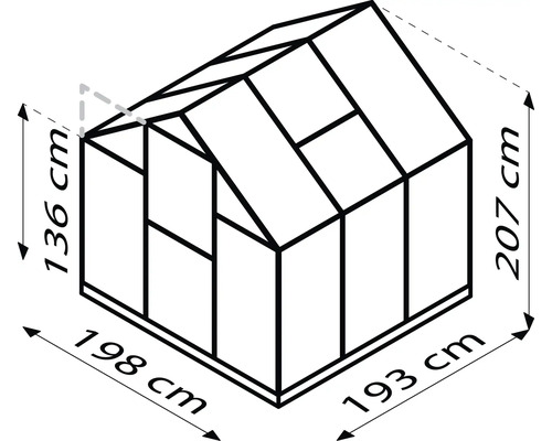 Abbildung eines Gewächshauses mit den Maßen 136 cm Höhe, 198 cm Länge und 193 cm Breite.