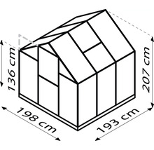 Abbildung eines Gewächshauses mit den Maßen 136 cm Höhe, 198 cm Länge und 193 cm Breite.