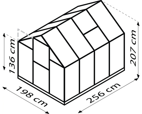 Schema des Gewächshauses mit den Maßen 198 cm Breite, 256 cm Tiefe und 207 cm Höhe