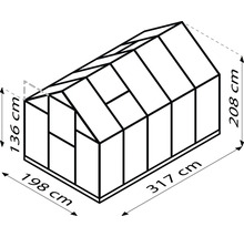 Skizze eines Gewächshauses mit Maßangaben: 136 cm Höhe vorne, 208 cm Höhe hinten, 198 cm Breite und 317 cm Länge